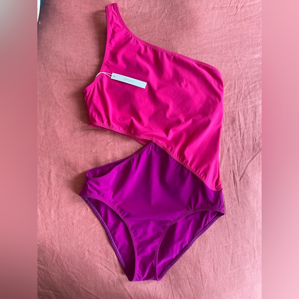 NWT Araks one piece bathing suit w cutout one shoulder size M pink purple
